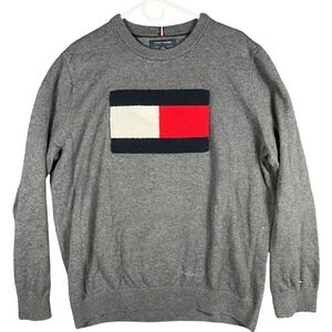 Tommy Hilfiger Sweater Mens XXL Grey Flag Logo Patch Cotton Crewneck Long Sleeve